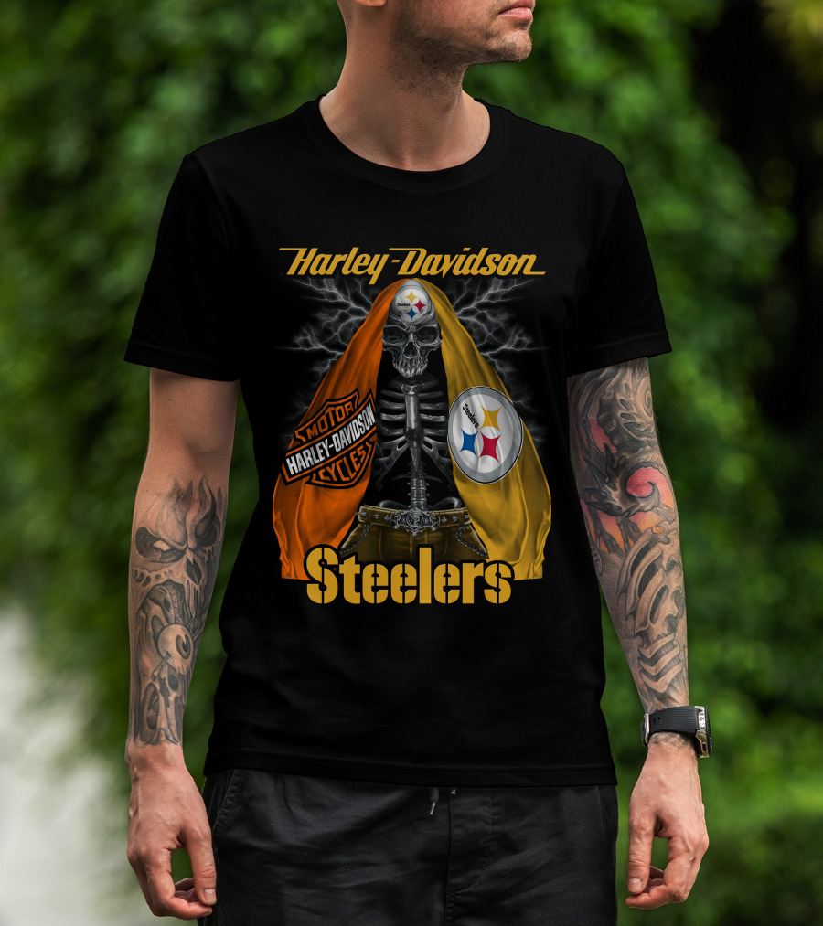 Harley Davidson Steelers Motorcycles Skull With Lightning T-Shirt