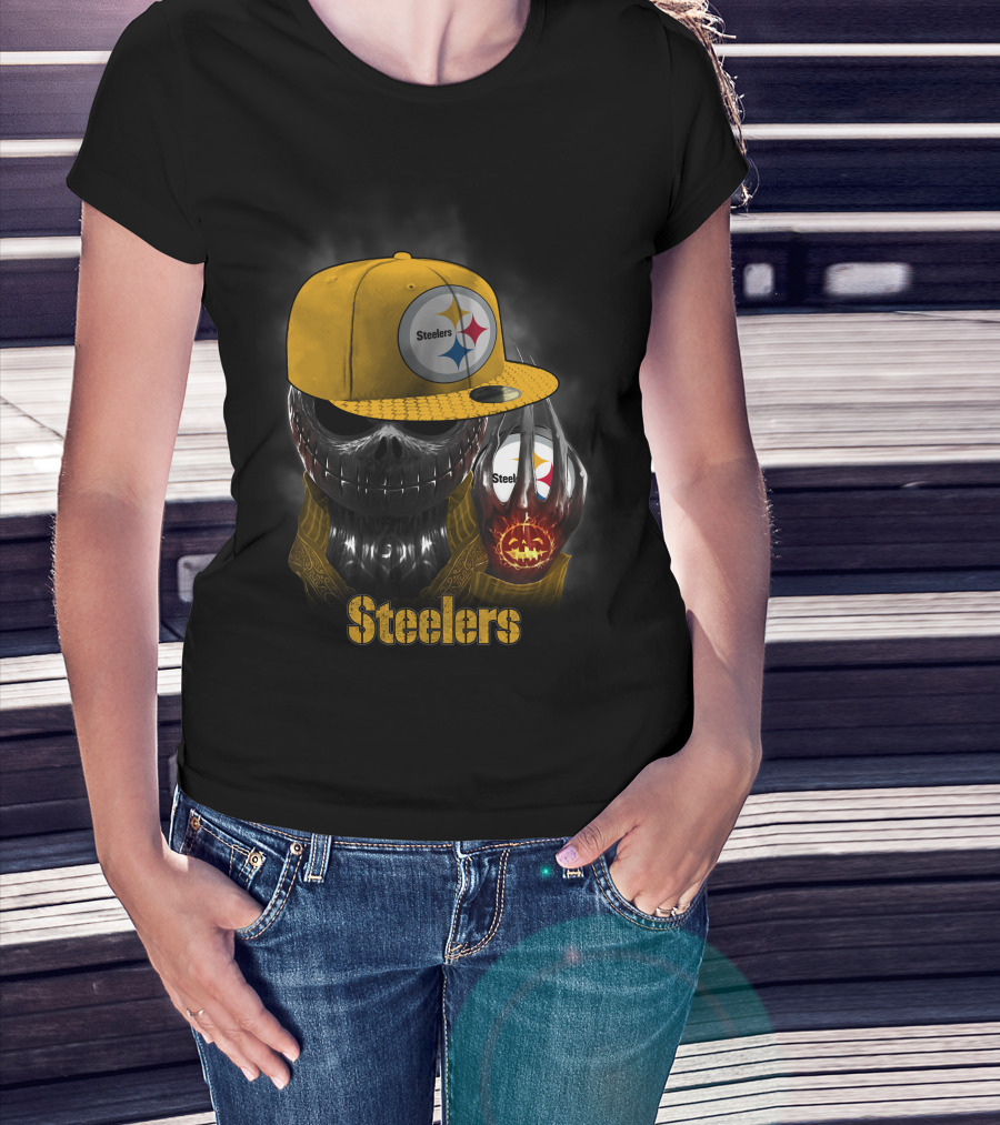 Steelers Skull With Yellow Cap And Pumpkin-Hand T-Shirt