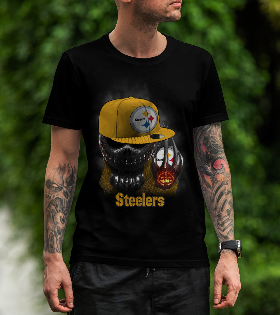 Steelers Skull With Yellow Cap And Pumpkin-Hand T-Shirt