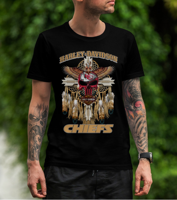 Harley Davidson Motor Cycles Kansas City Chiefs Eagles Feathers Dreamcatcher T-Shirt