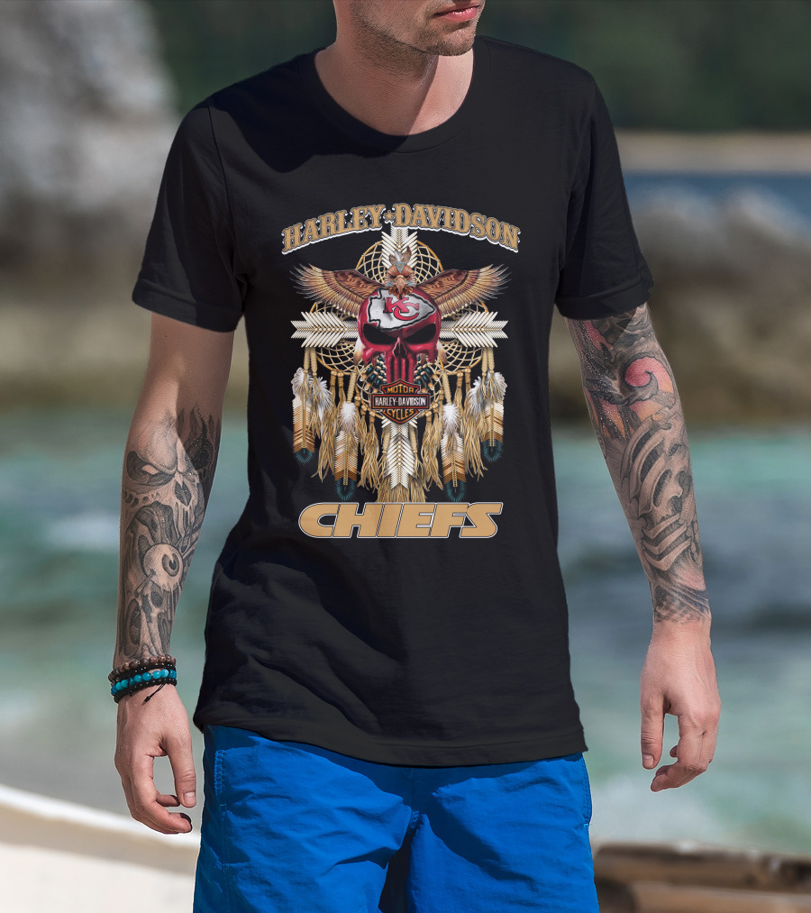 Harley Davidson Motor Cycles Kansas City Chiefs Eagles Feathers Dreamcatcher T-Shirt