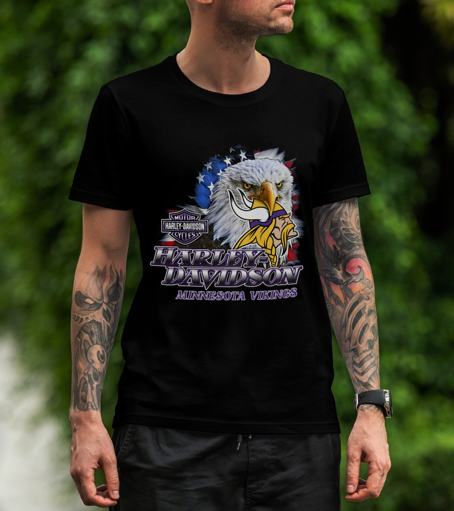 Harley Davidson Minnesota Vikings Nfl Eagles American Flag T-Shirt