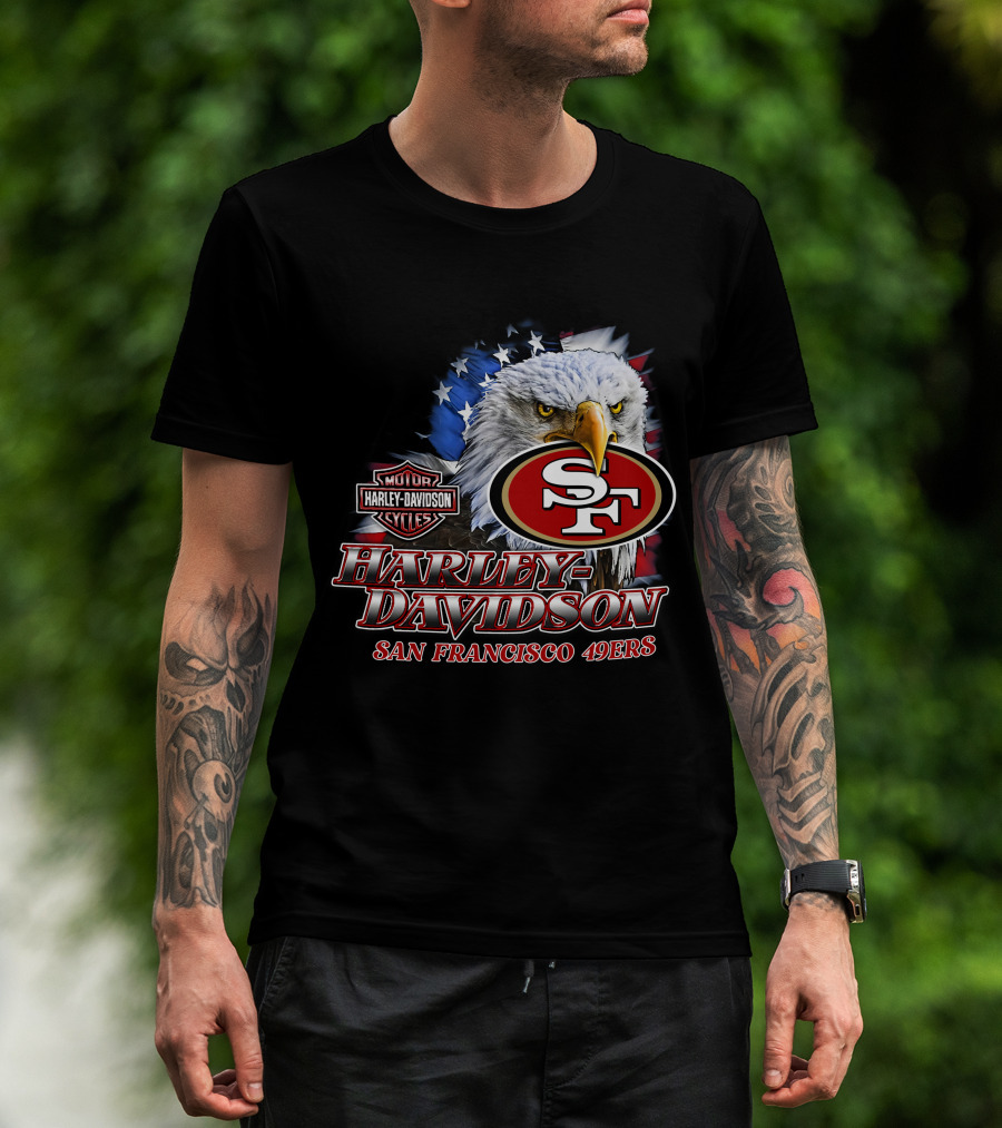 Harley Davidson San Francisco 49ers Nfl Eagles Logo With American Flag T-Shirt