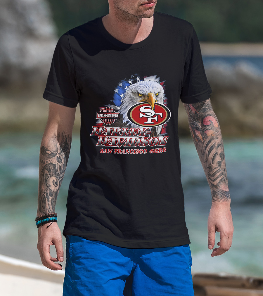Harley Davidson San Francisco 49ers Nfl Eagles Logo With American Flag T-Shirt