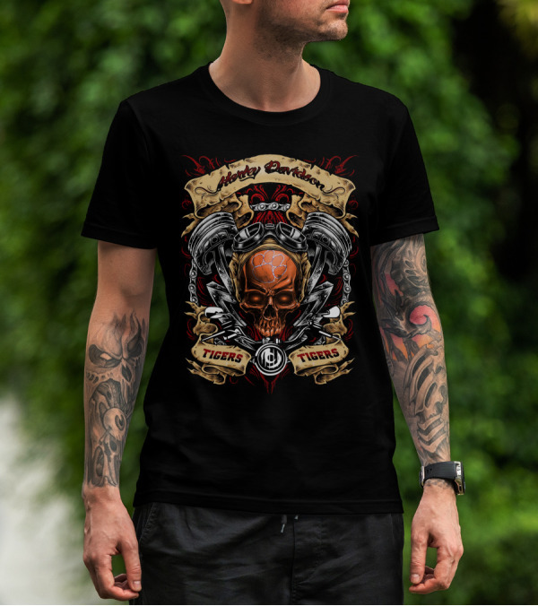 Harley Davidson Clemson Tigers Skull Engine Motif T-Shirt