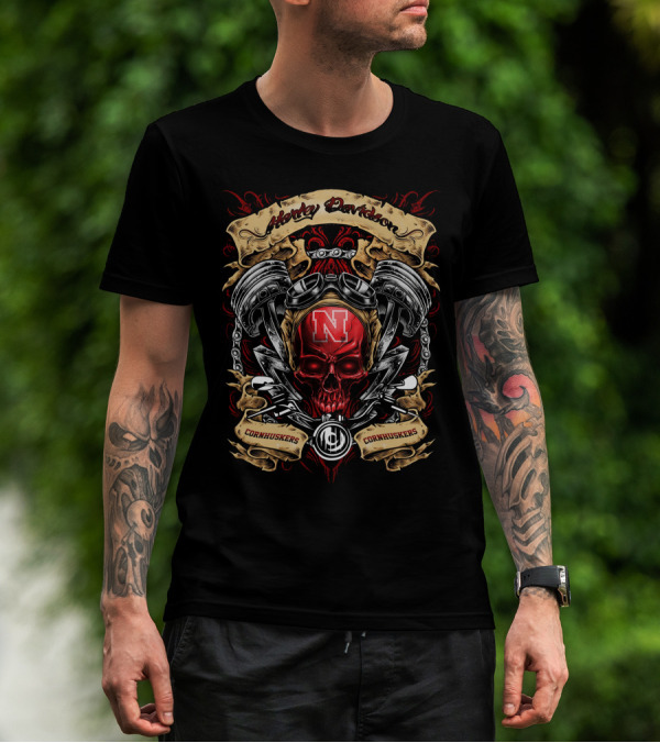 Harley Davidson Nebraska Cornhuskers Ncaa Skull Engine T-Shirt