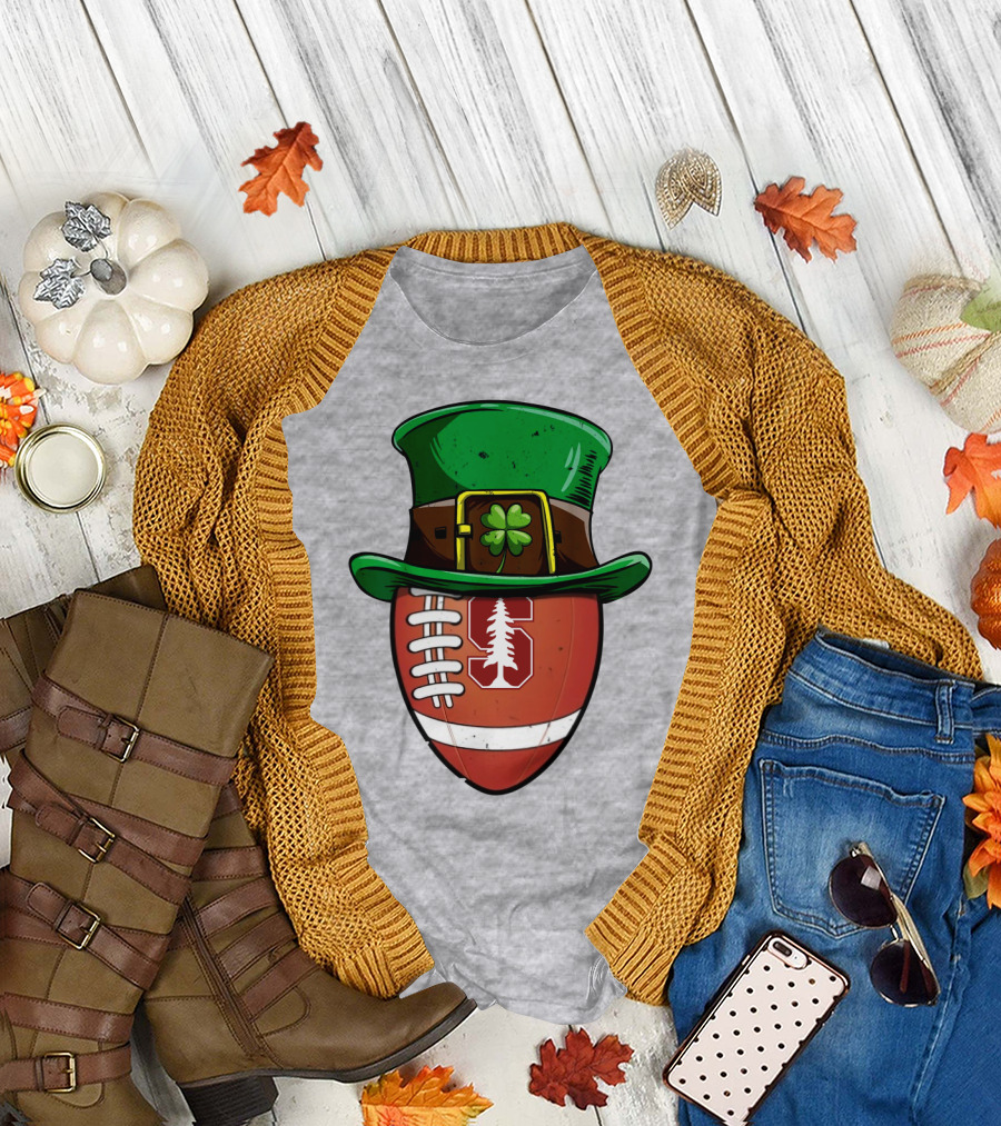 Stanford Cardinal Football St Patrick's Hat Clover Football T-Shirt
