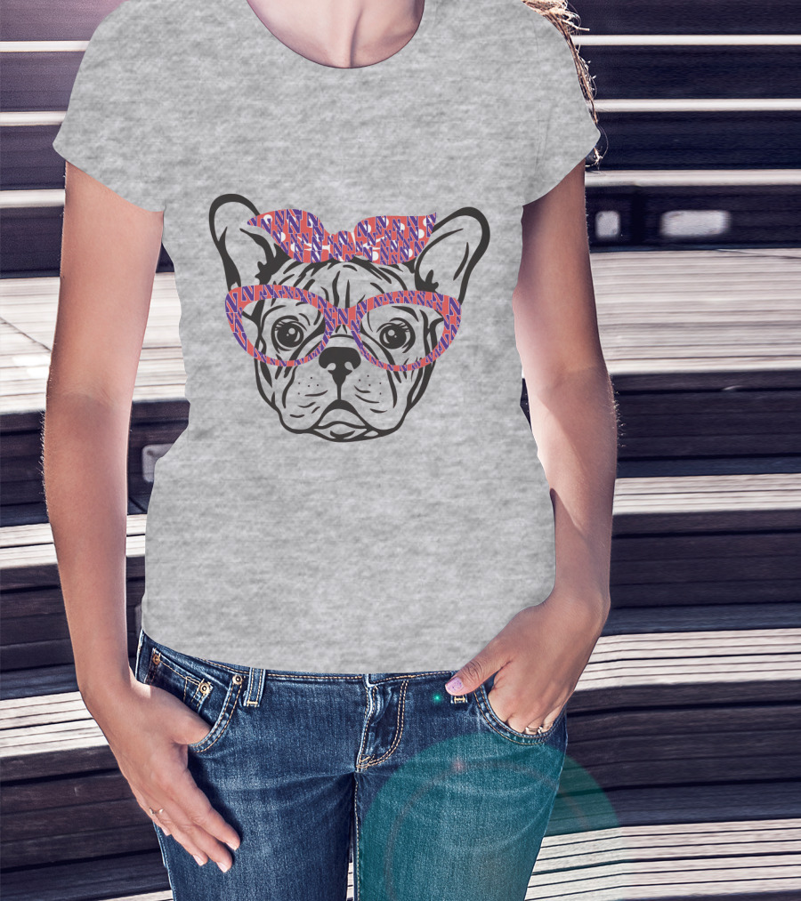 Bulldog With Northwestern Wildcats Pattern Glasses And Bow T-Shirt