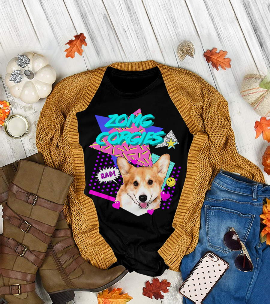 ZOMG Corgies Rad Retro Pop Art Style with Cute Corgi and Bright Geometric Shapes T-Shirt