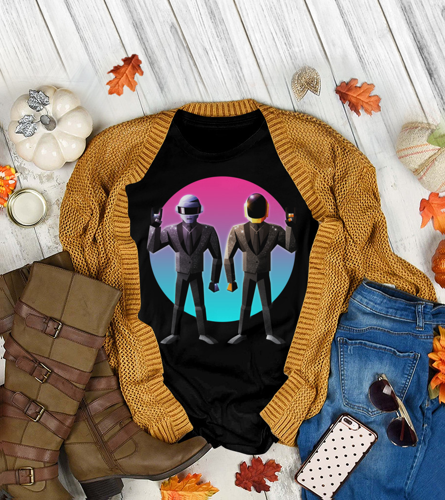 Daft Punk Robot Rock Duo with Helmets and Suits in Retro Gradient Circle T-Shirt