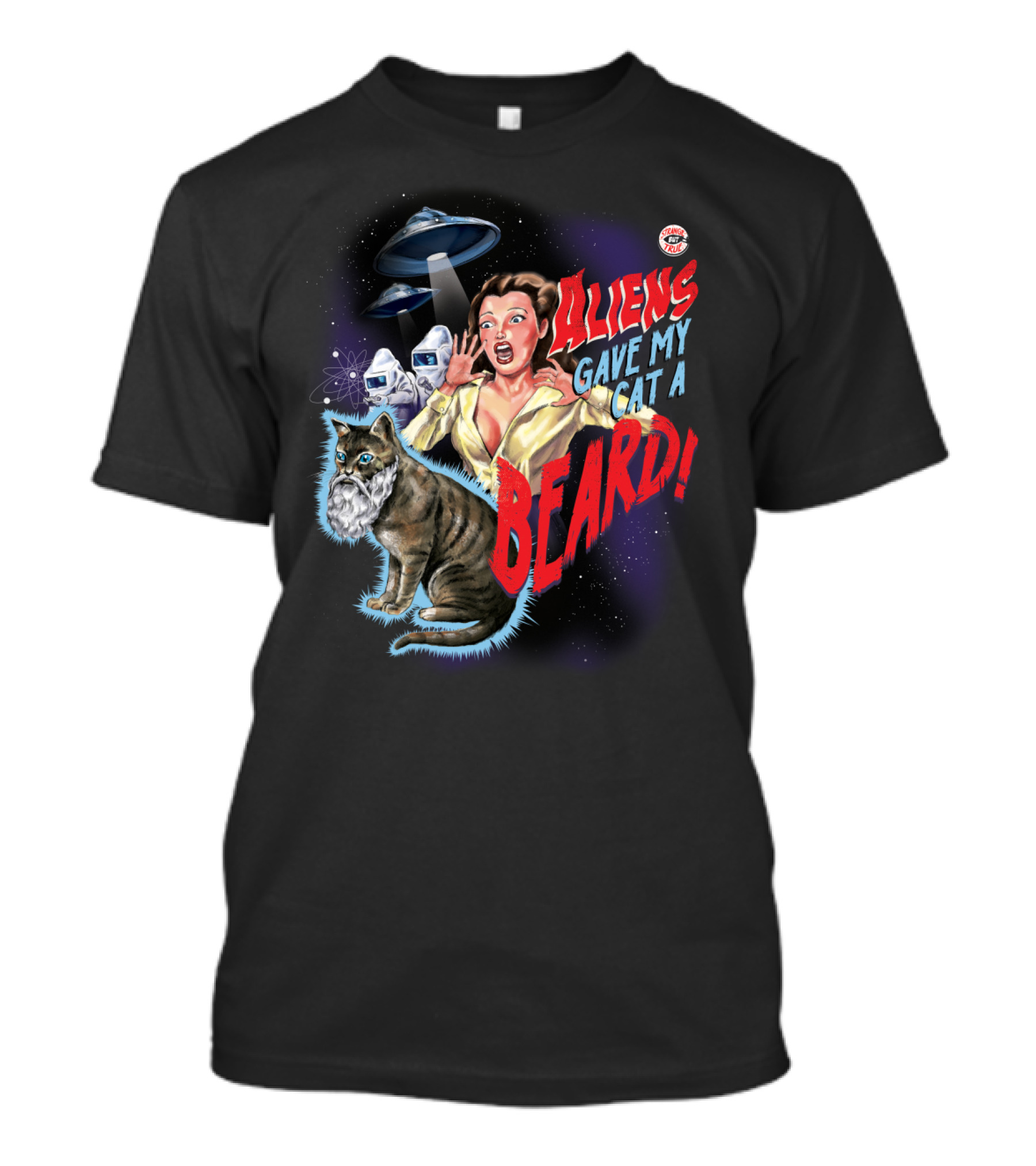 Aliens Gave My Cat A Beard UFO Encounter Retro Sci-Fi Comic T-Shirt