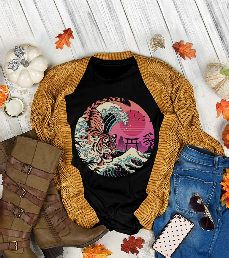 Rad Tiger Wave Torii Sunset Japanese T-Shirt