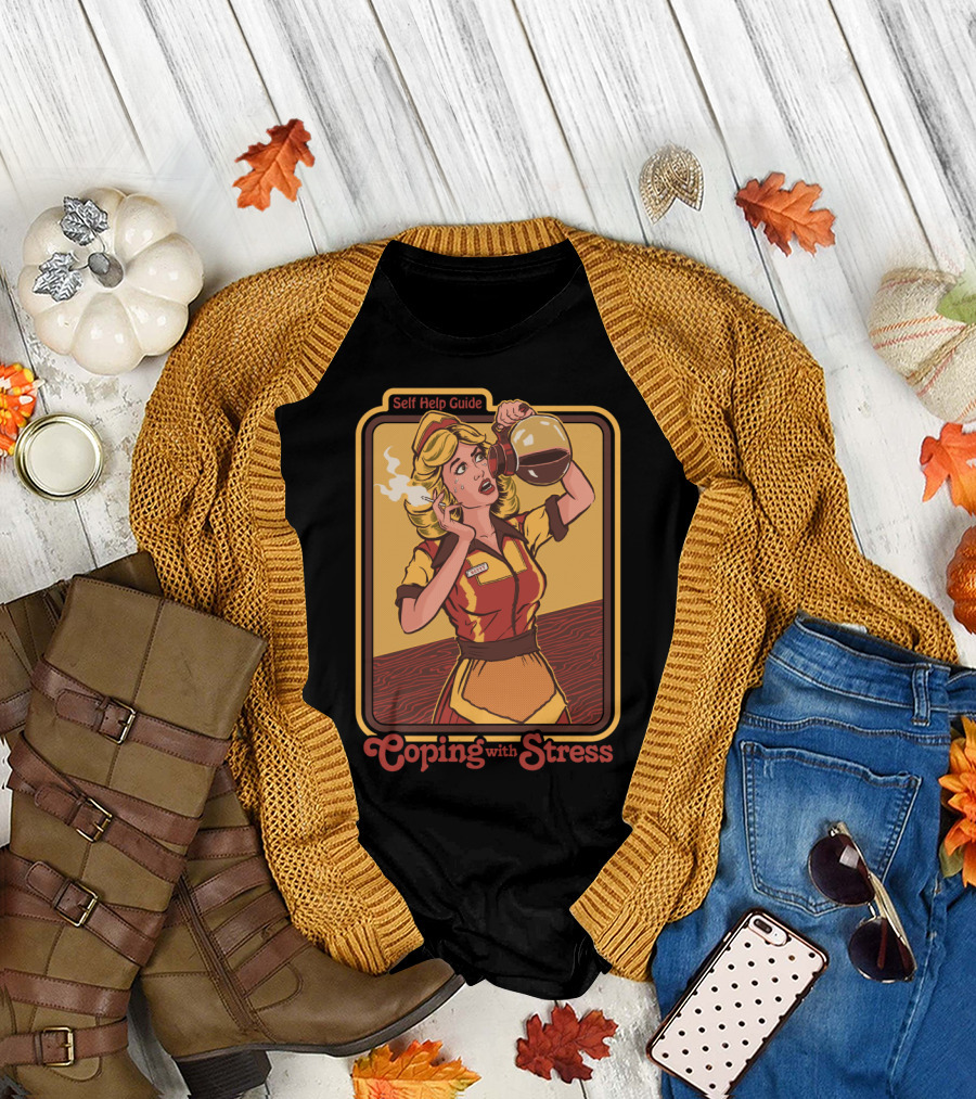 Self Help Guide Coping With Stress Retro Waitress Coffee Pouring T-Shirt