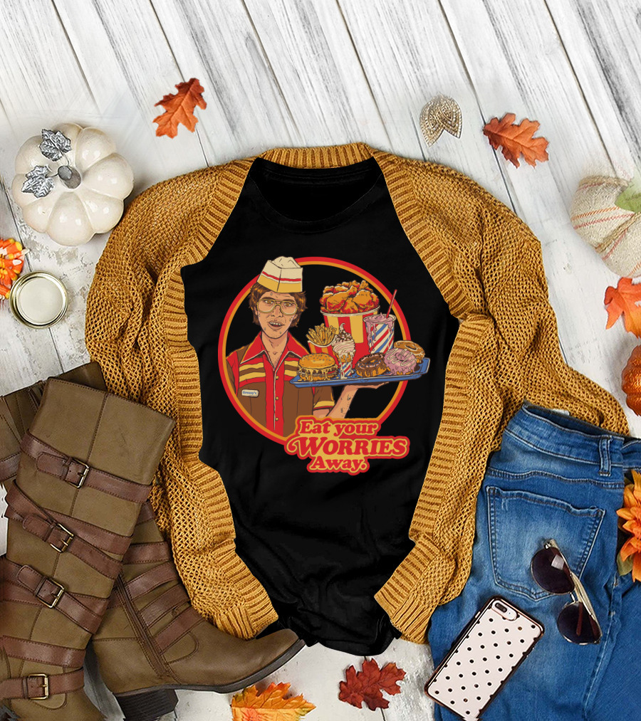 Eat Your Worries Away Retro Fast Food Tray with Burgers, Donuts, and Milkshakes T-Shirt