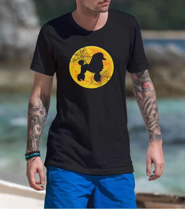 Halloween Poodle Silhouette With Pumpkin Moon And Spider Webs T-Shirt