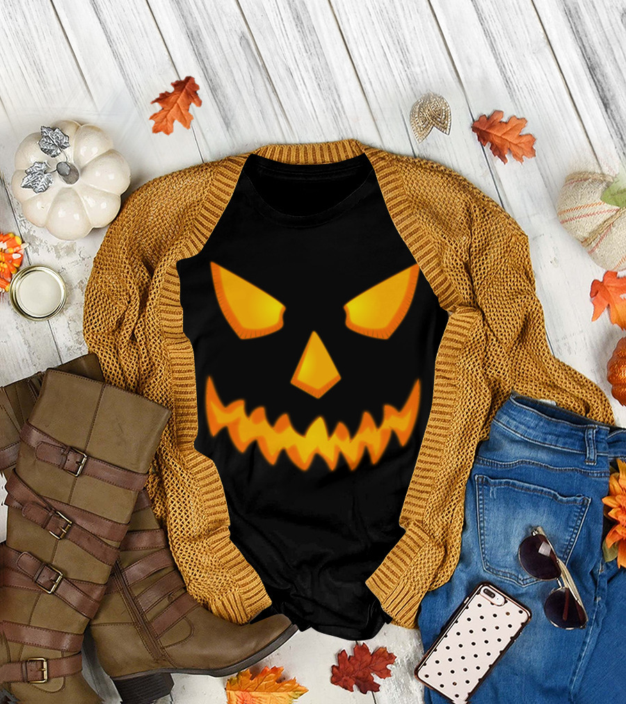 Jackolantern Pumpkin Head Scary Halloween Face Glowing Evil Grin T-Shirt