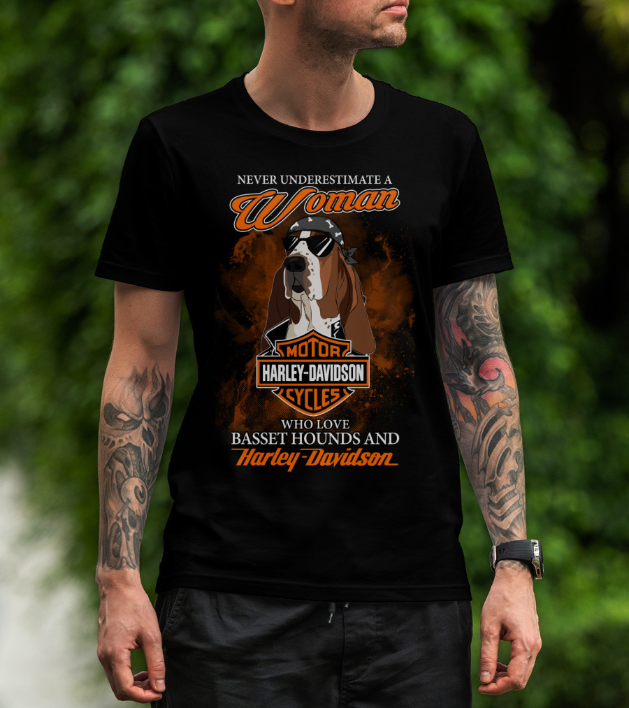 Never Underestimate A Woman Who Loves Basset Hounds And Harley Davidson T-Shirt