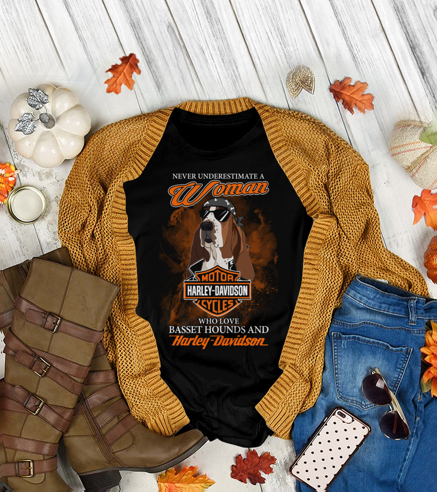 Never Underestimate A Woman Who Loves Basset Hounds And Harley Davidson T-Shirt