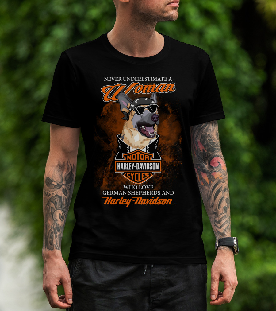 Never Underestimate A Woman Who Love German Shepherds And Harley Davidson Motorcycles T-Shirt