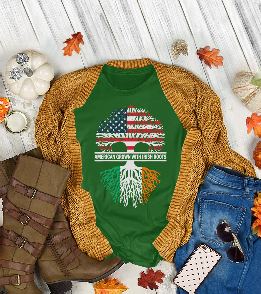 American Grown with Irish Roots Flag Tree T-Shirt