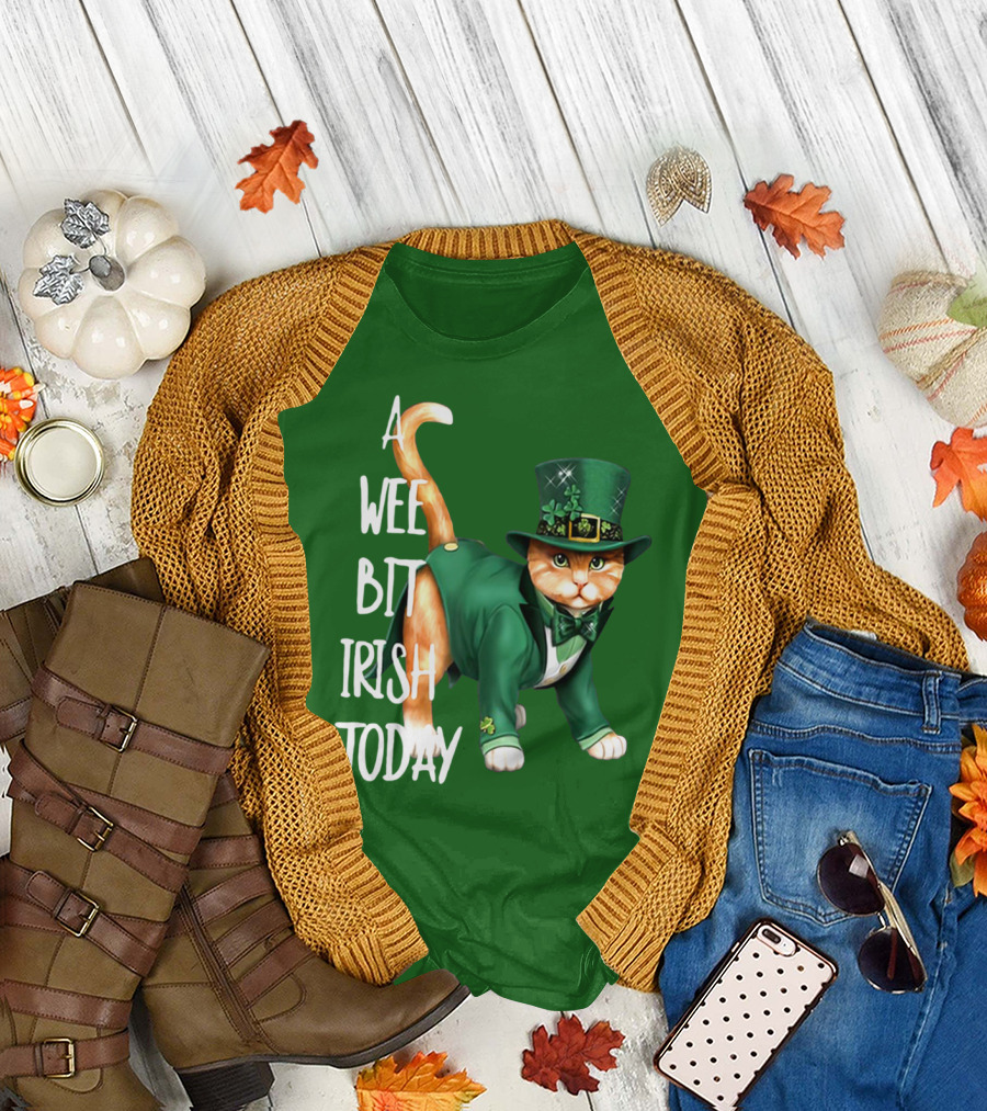 A Wee Bit Irish Today Cat in Green Suit and Leprechaun Hat T-Shirt