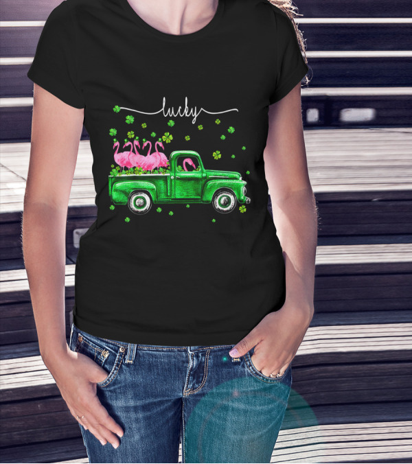 Lucky Flamingo Green Truck With Shamrocks T-Shirt