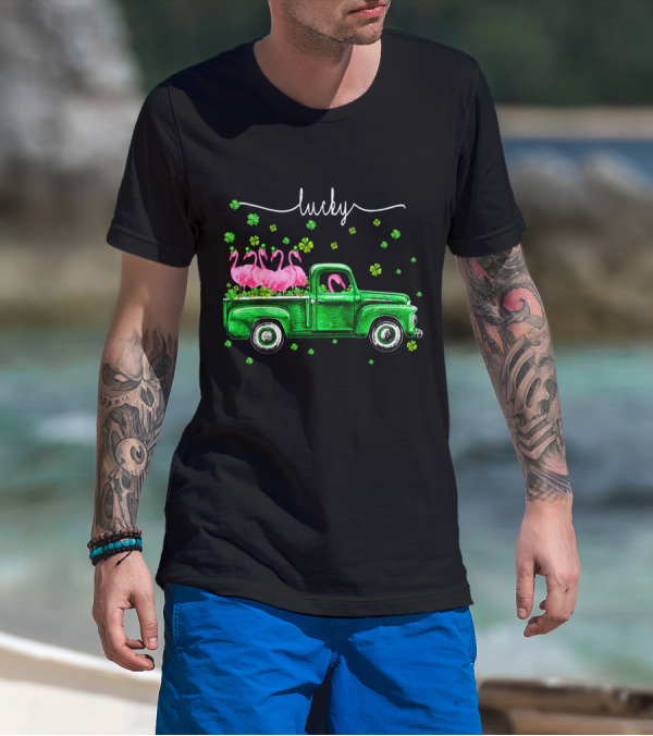 Lucky Flamingo Green Truck With Shamrocks T-Shirt