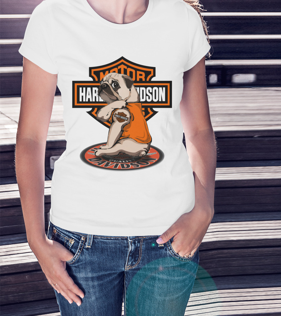 Harley Davidson Motor Pug With Orange Vest And Logo On Patch T-Shirt