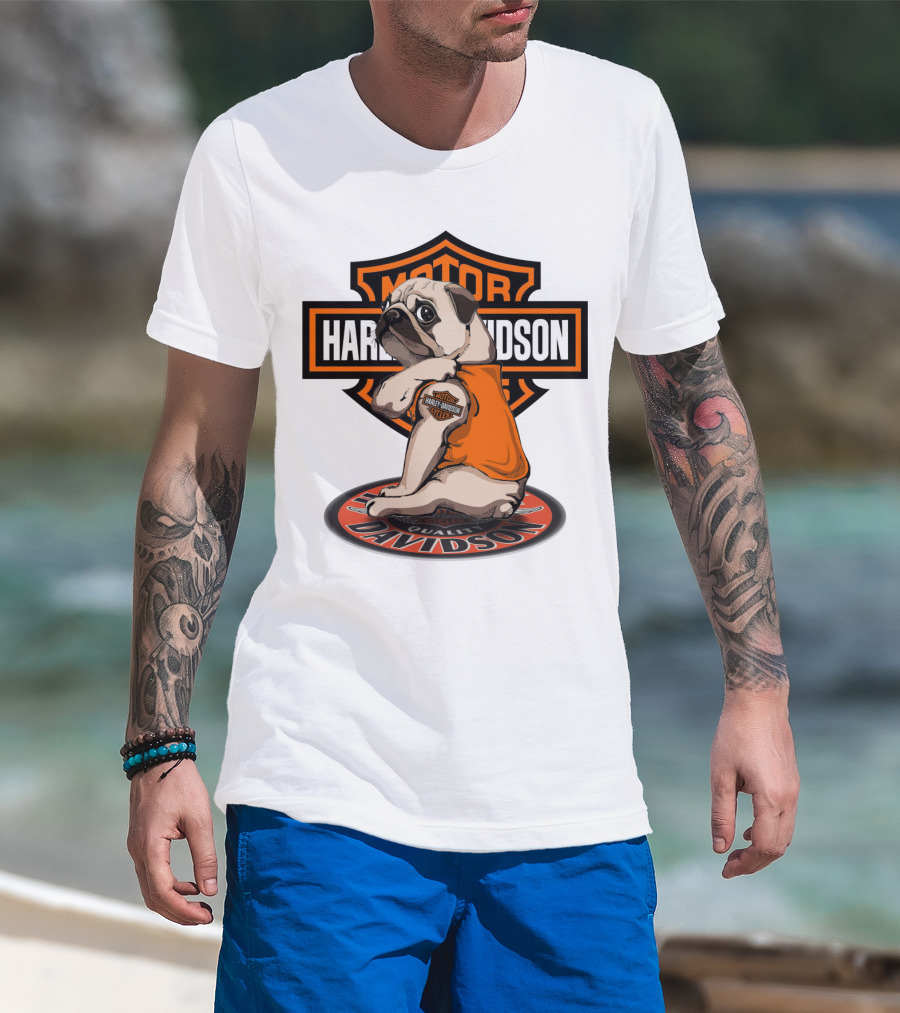 Harley Davidson Motor Pug With Orange Vest And Logo On Patch T-Shirt