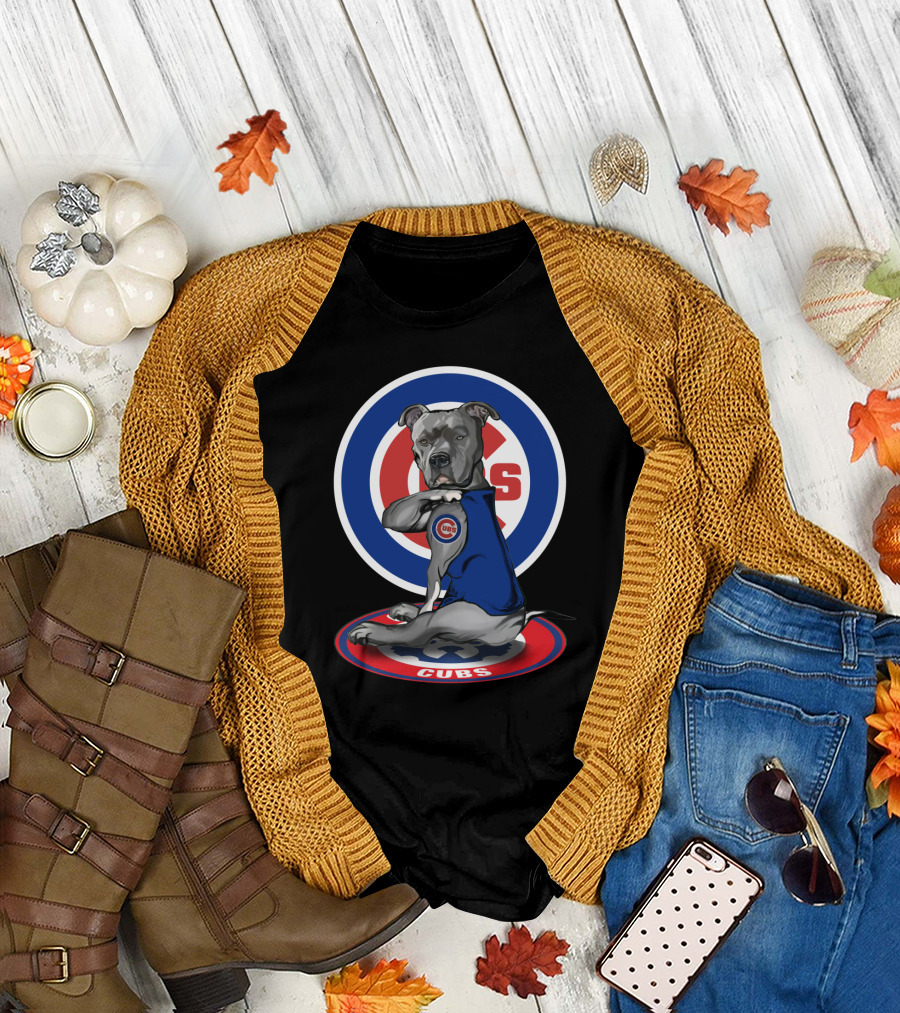 Cubs Pitbull Wearing Blue Jersey with Logo and Circular Emblem T-Shirt