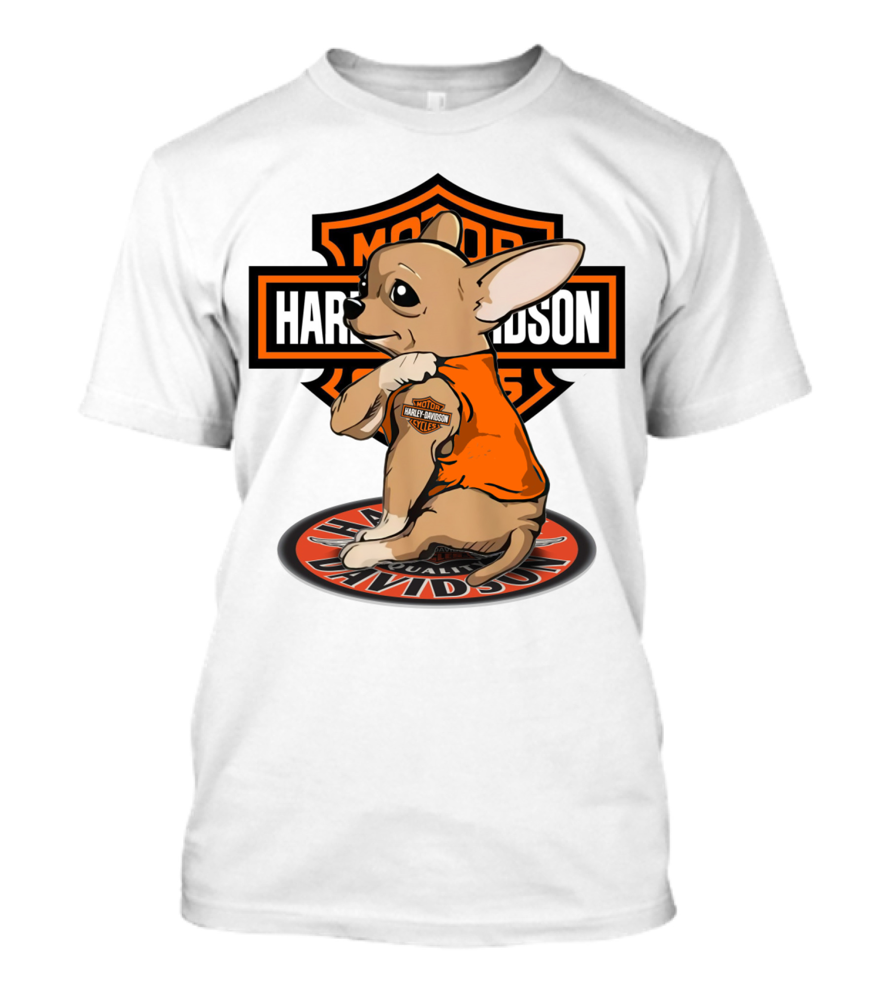 Harley Davidson Chihuahua With Orange Jacket And Motor T-Shirt