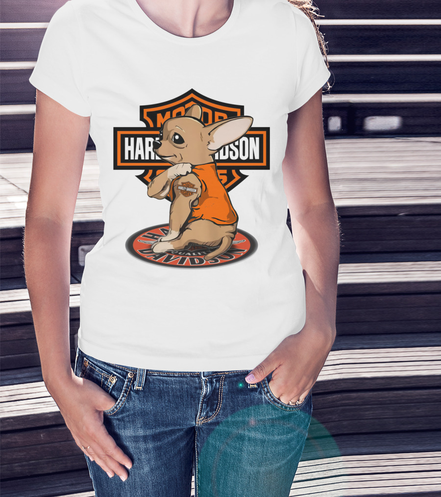 Harley Davidson Chihuahua With Orange Jacket And Motor T-Shirt
