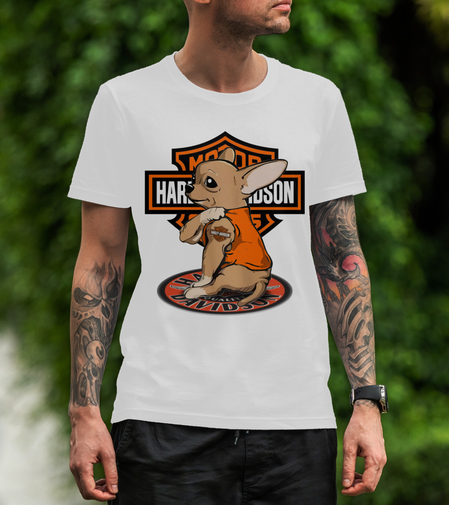 Harley Davidson Chihuahua With Orange Jacket And Motor T-Shirt