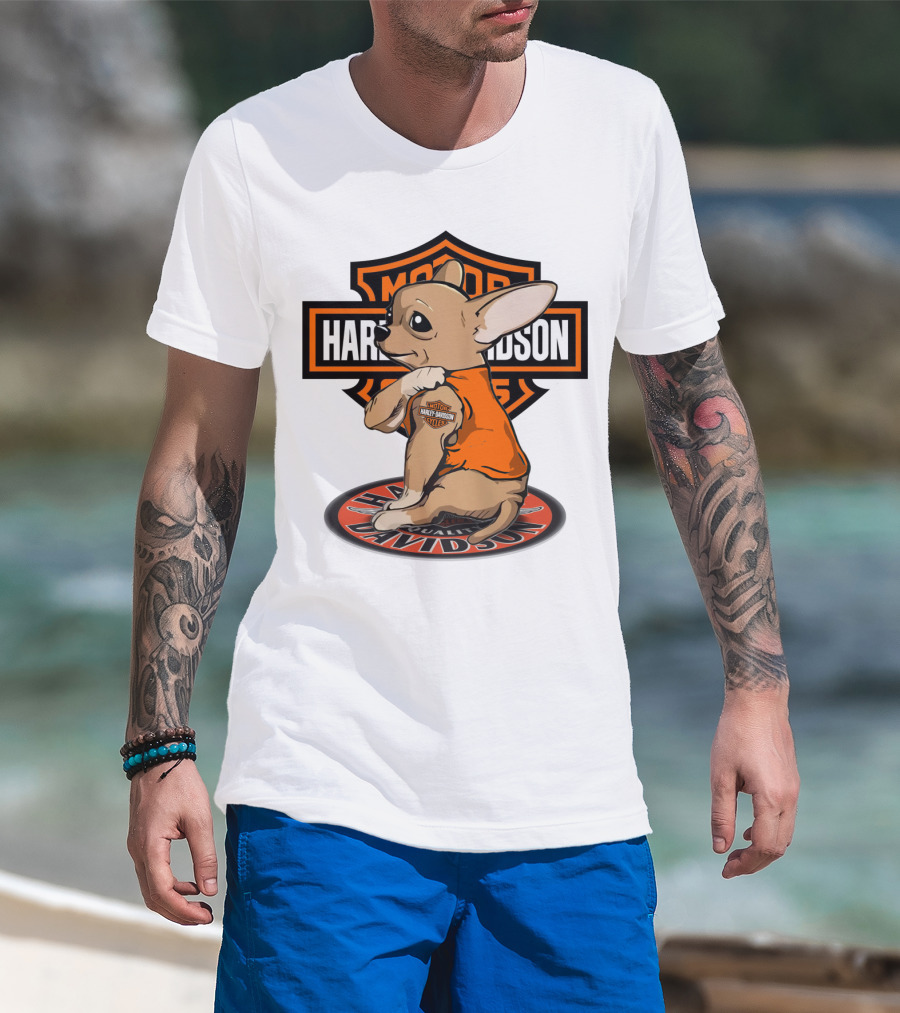 Harley Davidson Chihuahua With Orange Jacket And Motor T-Shirt