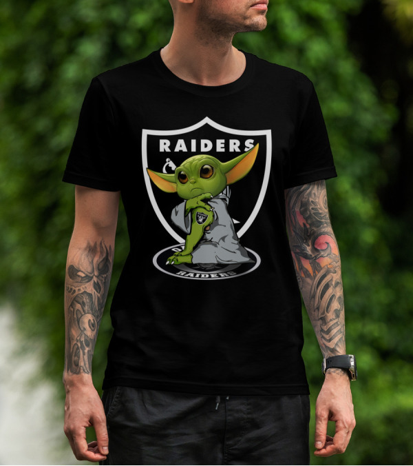 Raiders Yoda Baby Grogu In Hoodie NFL T-Shirt