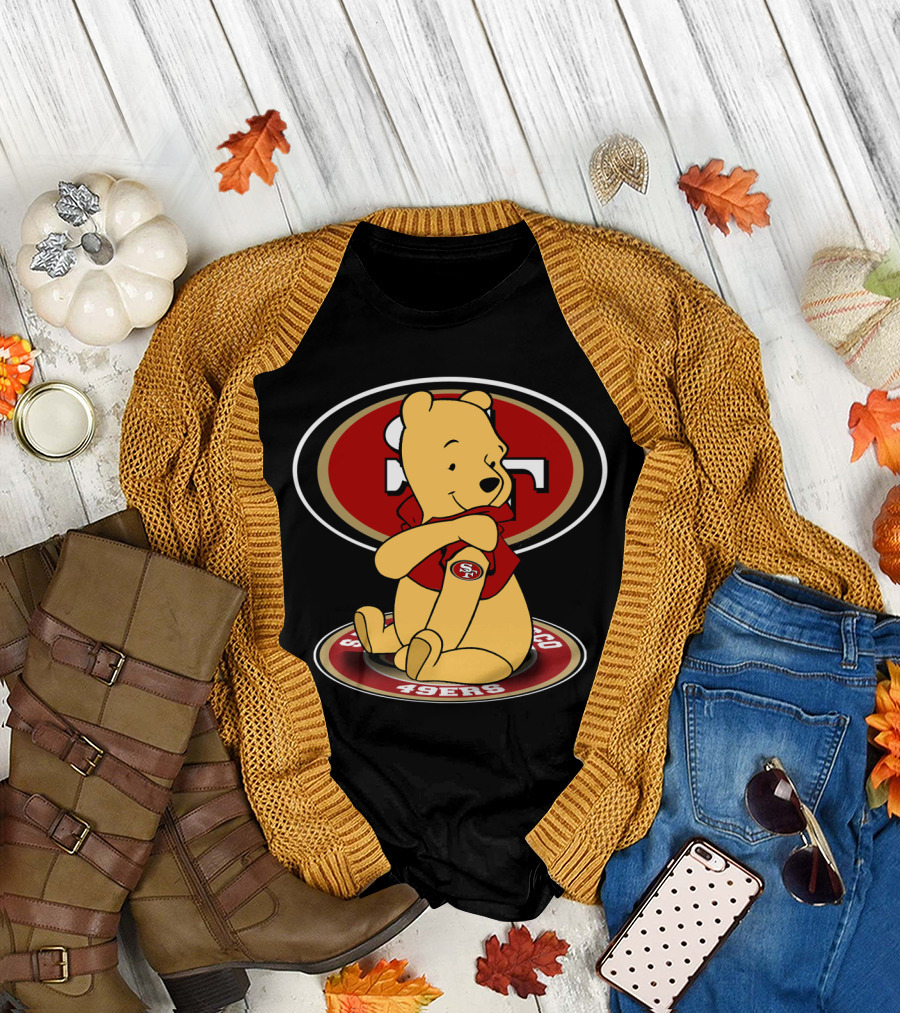 Pooh Sitting with San Francisco 49ers Logo Background T-Shirt