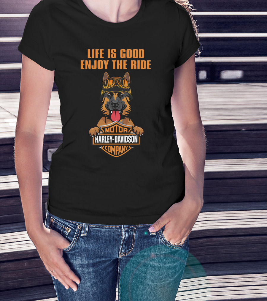 Life Is Good Enjoy The Ride Harley Davidson German Shepherd T-Shirt