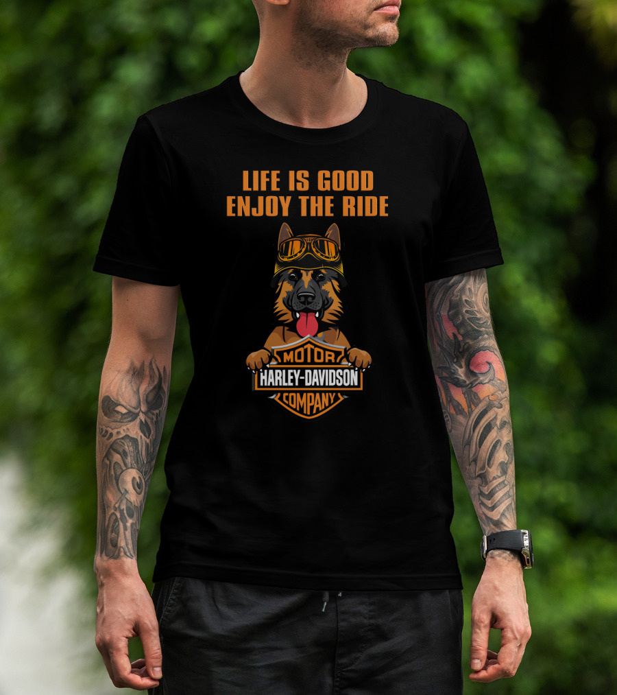 Life Is Good Enjoy The Ride Harley Davidson German Shepherd T-Shirt