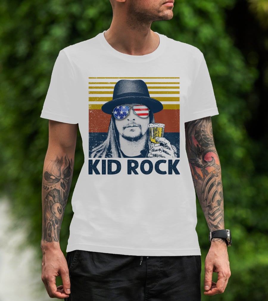 Kid Rock Stars And Stripes Sunglasses Man Holding Beer T-Shirt