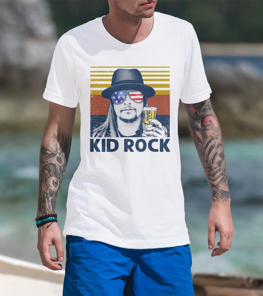 Kid Rock Stars And Stripes Sunglasses Man Holding Beer T-Shirt