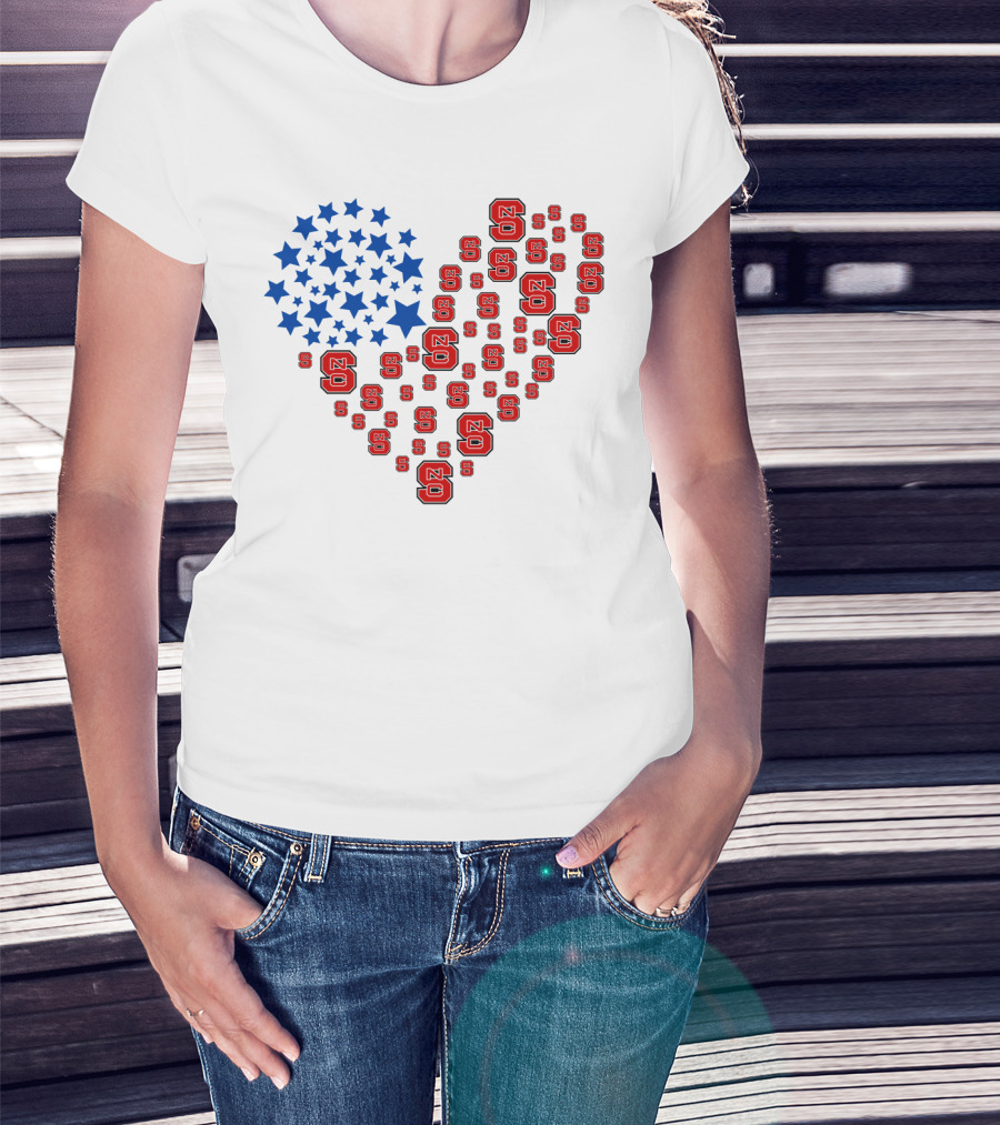 Nc State Heart Flag Blue Stars Red Logos T-Shirt