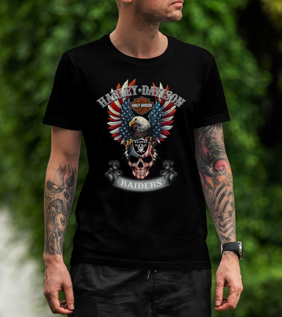 Harley Davidson Motor Cycles Raiders Eagle Skull American Flag T-Shirt