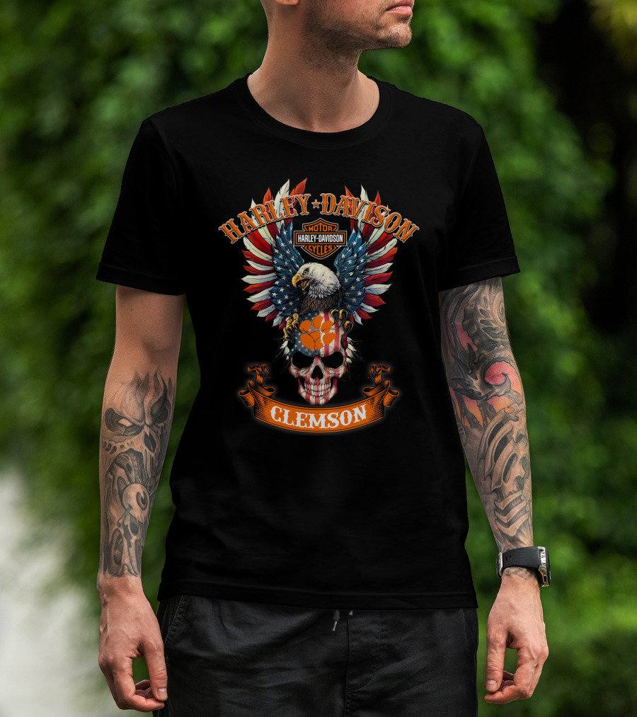 Harley Davidson Motor Cycles Eagle Skull Clemson T-Shirt