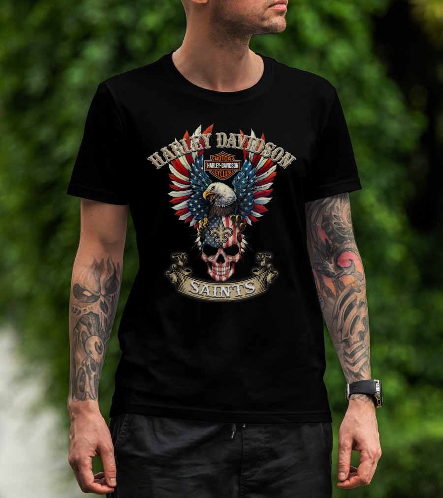 Harley Davidson Motor Cycles Eagle Skull American Flag Saints T-Shirt