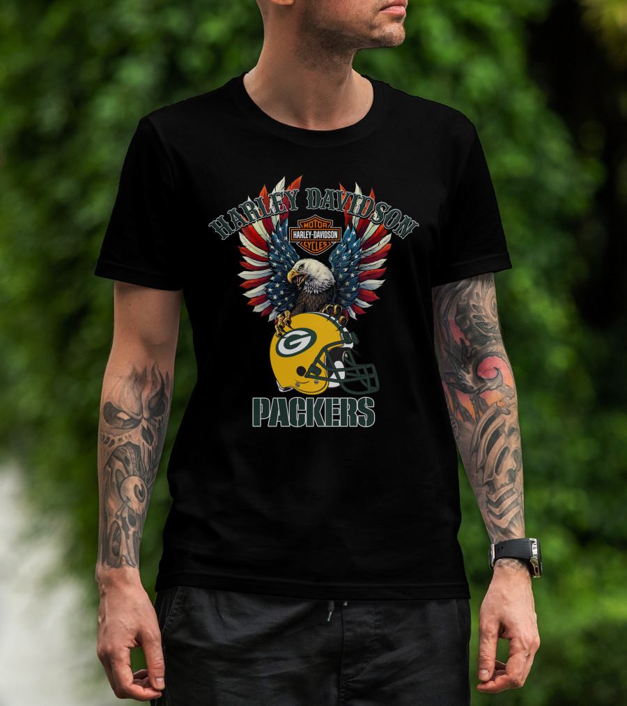 Harley Davidson Motor Cycles Packers Eagle Helmet Flag T-Shirt