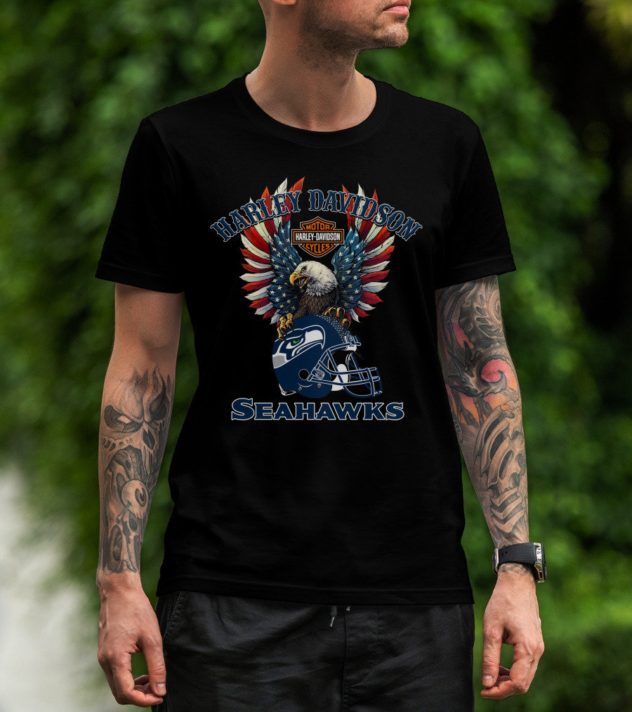 Harley Davidson Motor Cycles Seattle Seahawks Eagle Helmet T-Shirt