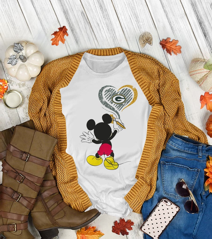 Mickey Mouse Painting Green Bay Packers Heart T-Shirt