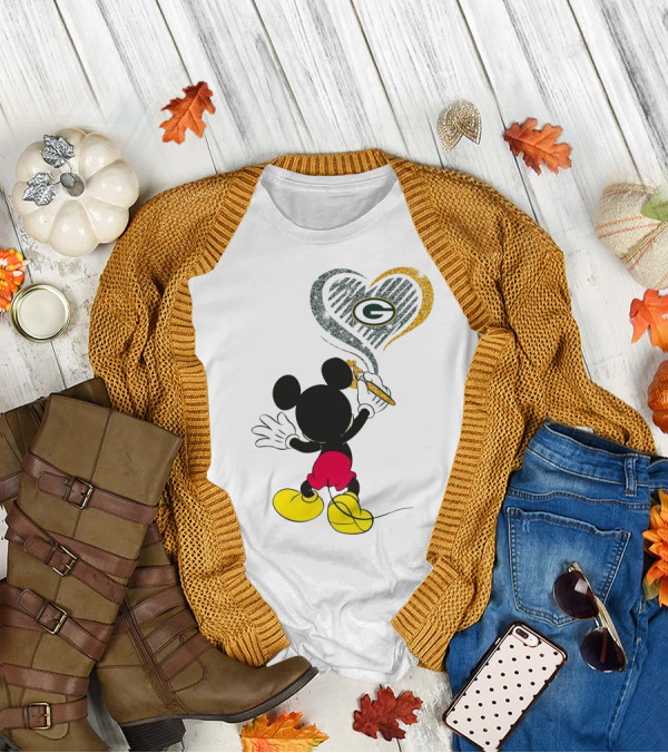 Mickey Mouse Painting Green Bay Packers Heart T-Shirt