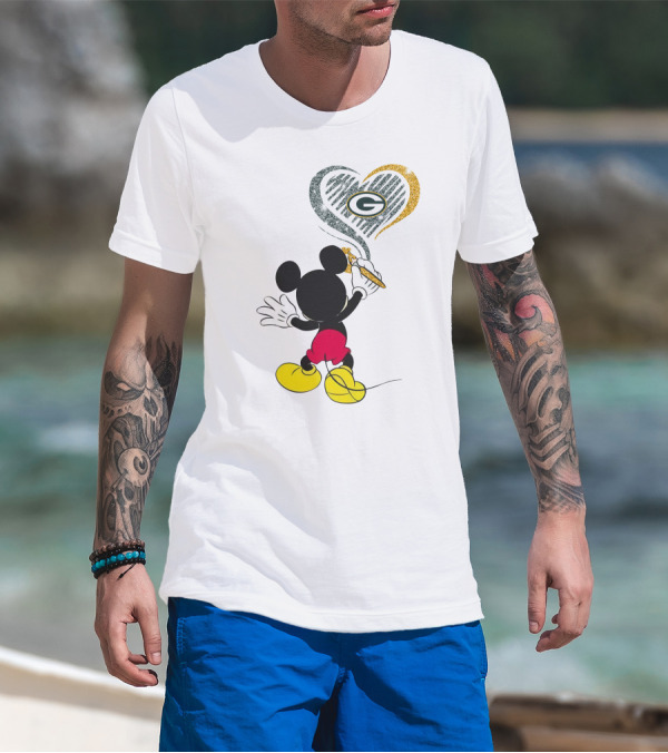 Mickey Mouse Painting Green Bay Packers Heart T-Shirt