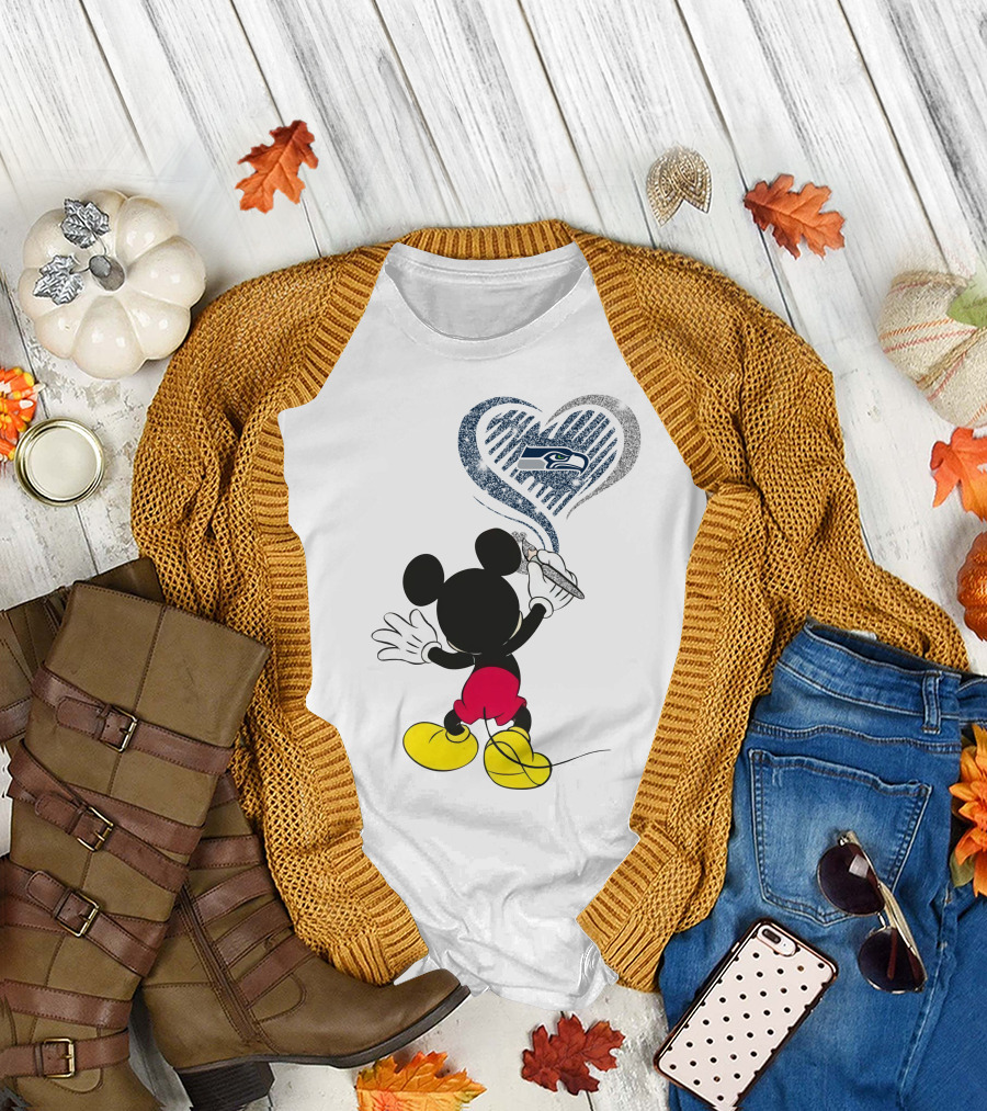 Mickey Mouse Drawing Seattle Seahawks Heart T-Shirt